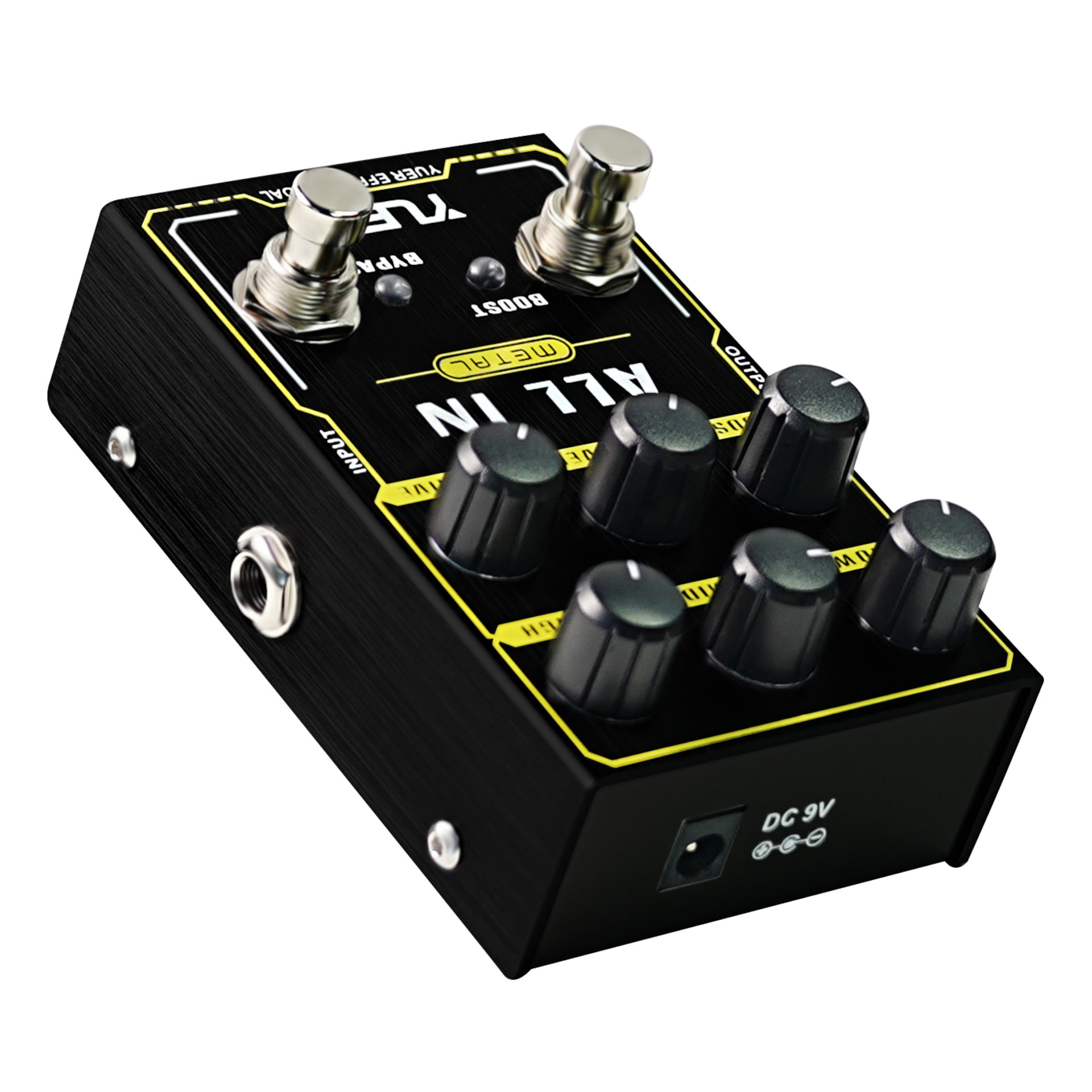 Gitarreneffektpedal, Verzerrerpedal, Metallgehäuse, schwarz-gelb, Drehregler